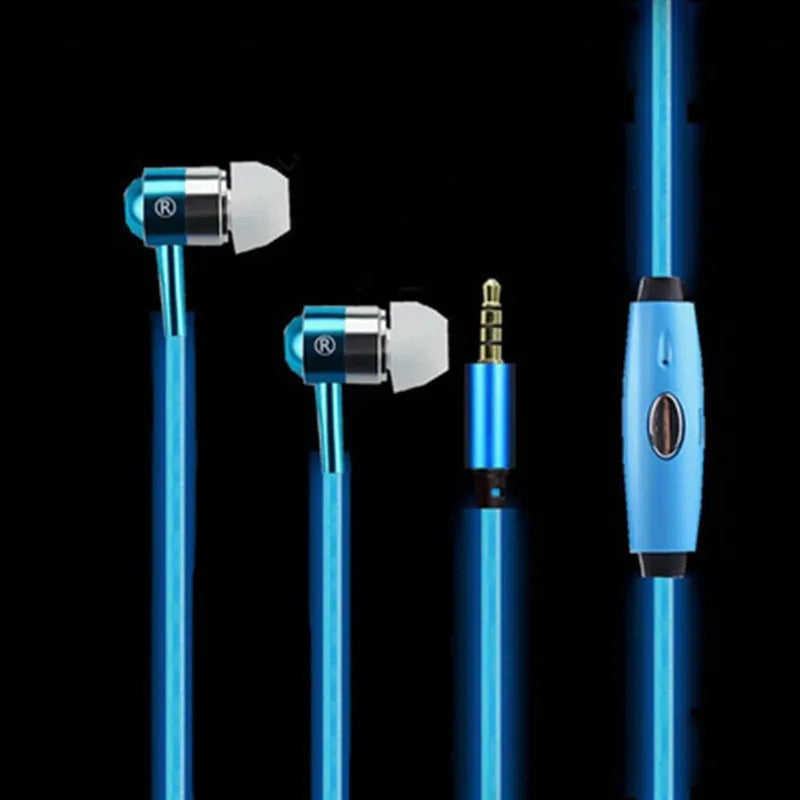 Blue, green, and pink LED earphones with glowing cables next to a smartphone, showcasing their music-reactive light feature.