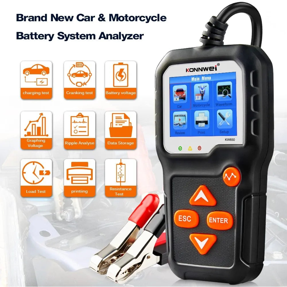 KONNWEI KW650 battery tester with LED indicators and display, testing a 12V car battery
