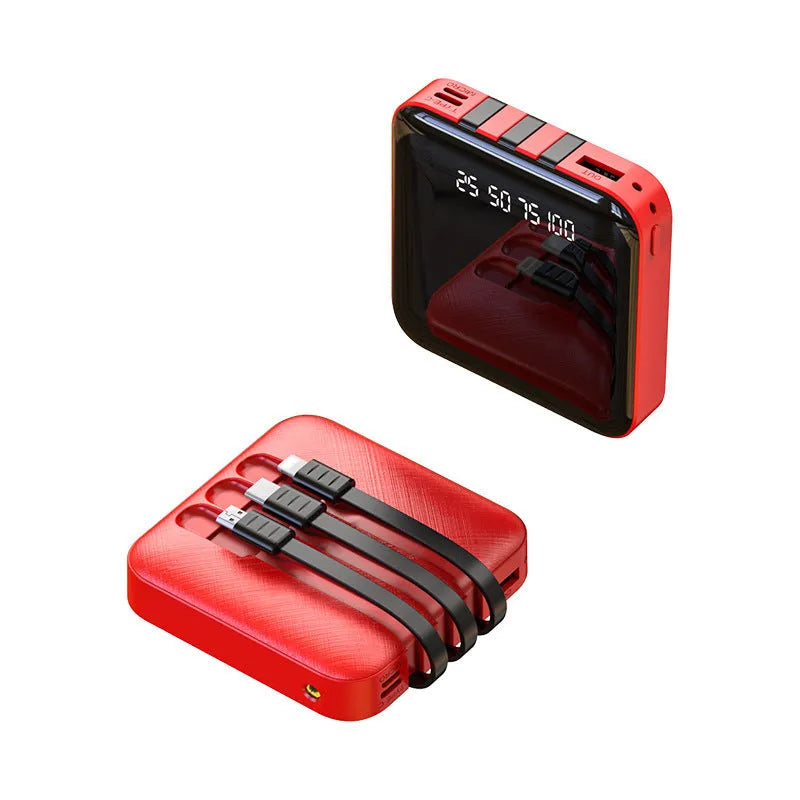 Square black power bank with attached USB cable showing dimensions of 80mm by 80mm