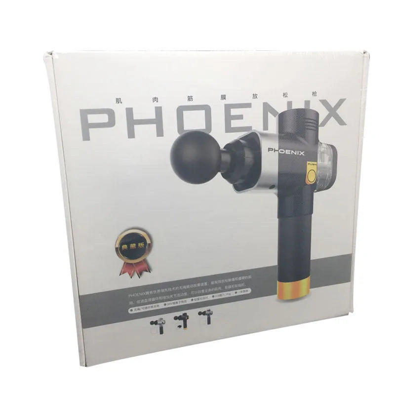 A black or silver ABS plastic percussion massage gun with four different removable massage heads on a table.