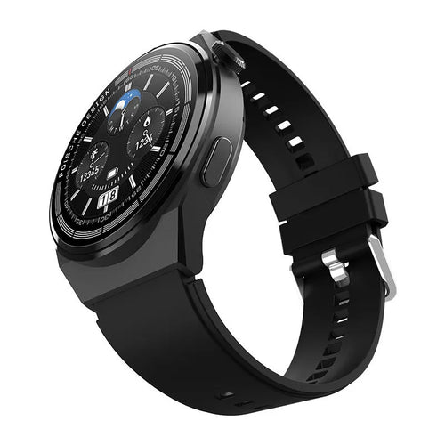 Black Bluetooth smartwatch with a circular 1.39-inch screen on a silicone strap, showing NFC and health tracking functions.