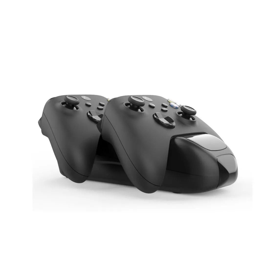 Black Xbox SX dual controller charging station with LED lights, two battery packs, and a Type-C cable.