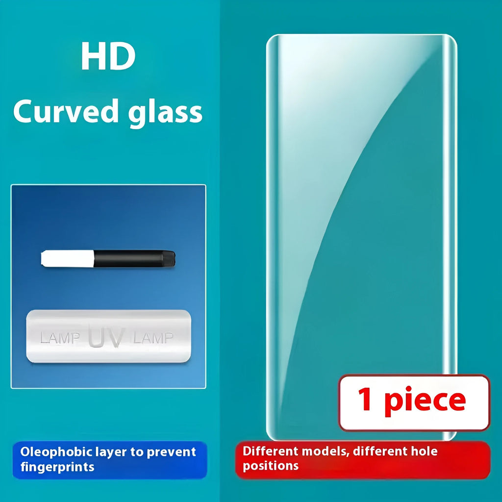 UV full glue tempered glass screen protector for Samsung Galaxy phone with glue bottle and UV lamp