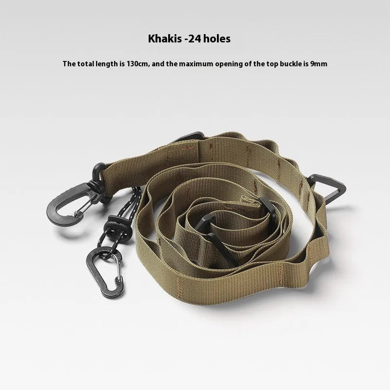 130cm long black outdoor hanging rope clothesline and storage belt laid out flat.