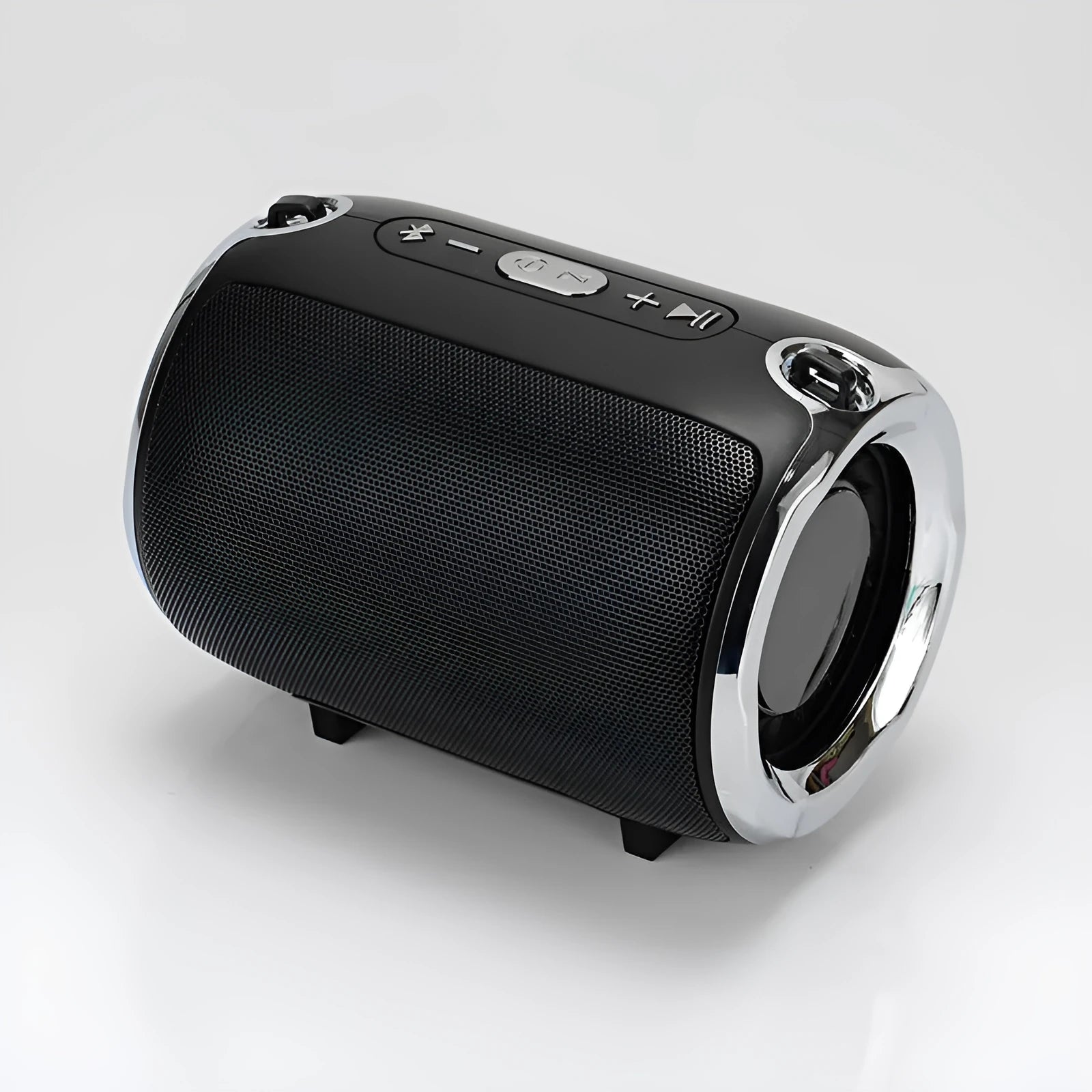 Portable metal subwoofer speaker with USB port and button controls in black, blue, golden, red, or silver.