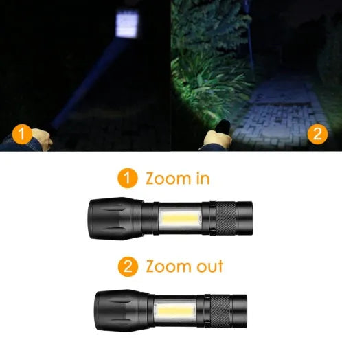 Black aluminium alloy telescopic LED flashlight with adjustable focus and carrying clip