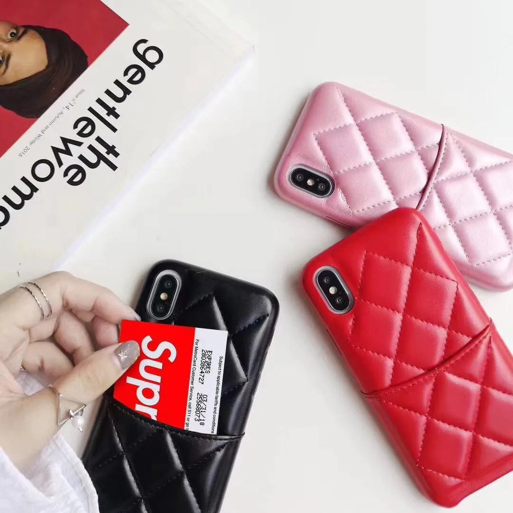 Leather mobile phone case for iPhone Xs Max in black, pink, and red colour options