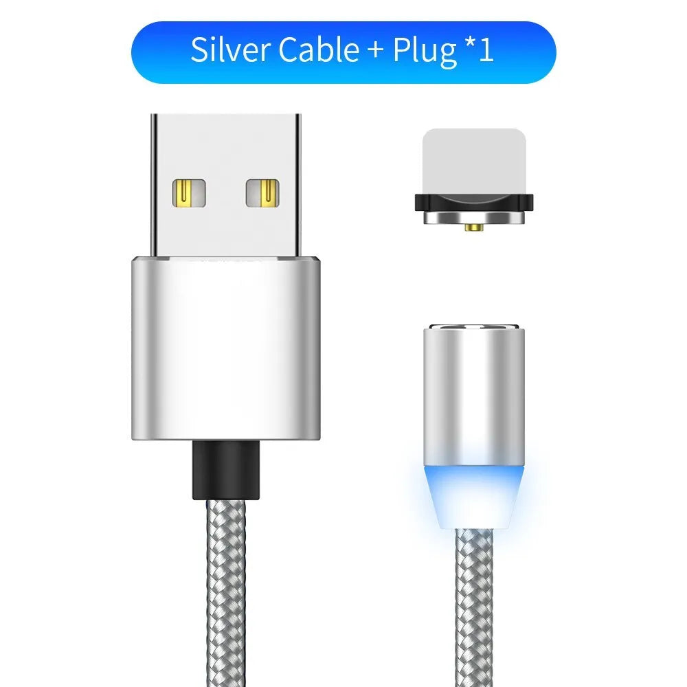 Black magnetic LED charging cable with aluminium shell and woven texture, showing LED light and connector.