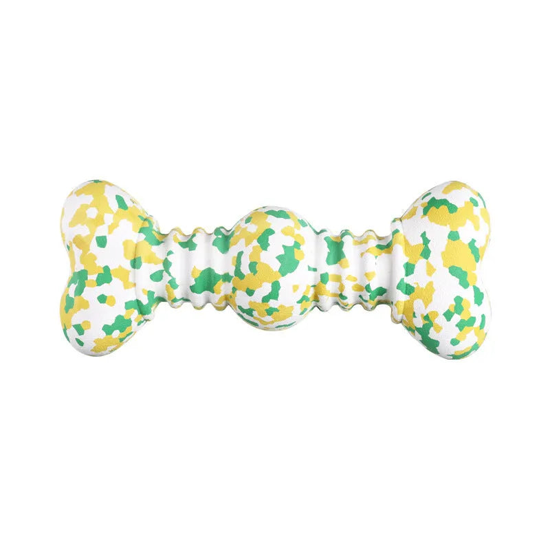 Green, white, and yellow camouflage pattern natural rubber dog chew bone for large breeds.