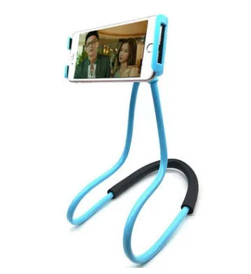 White universal neck phone holder with 360-degree rotating clamp holding a smartphone.