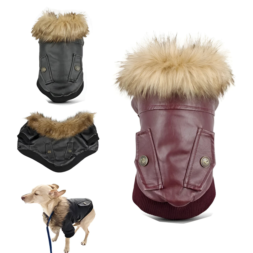 Dog fur collar PU leather coat in black with double pockets and faux fur collar