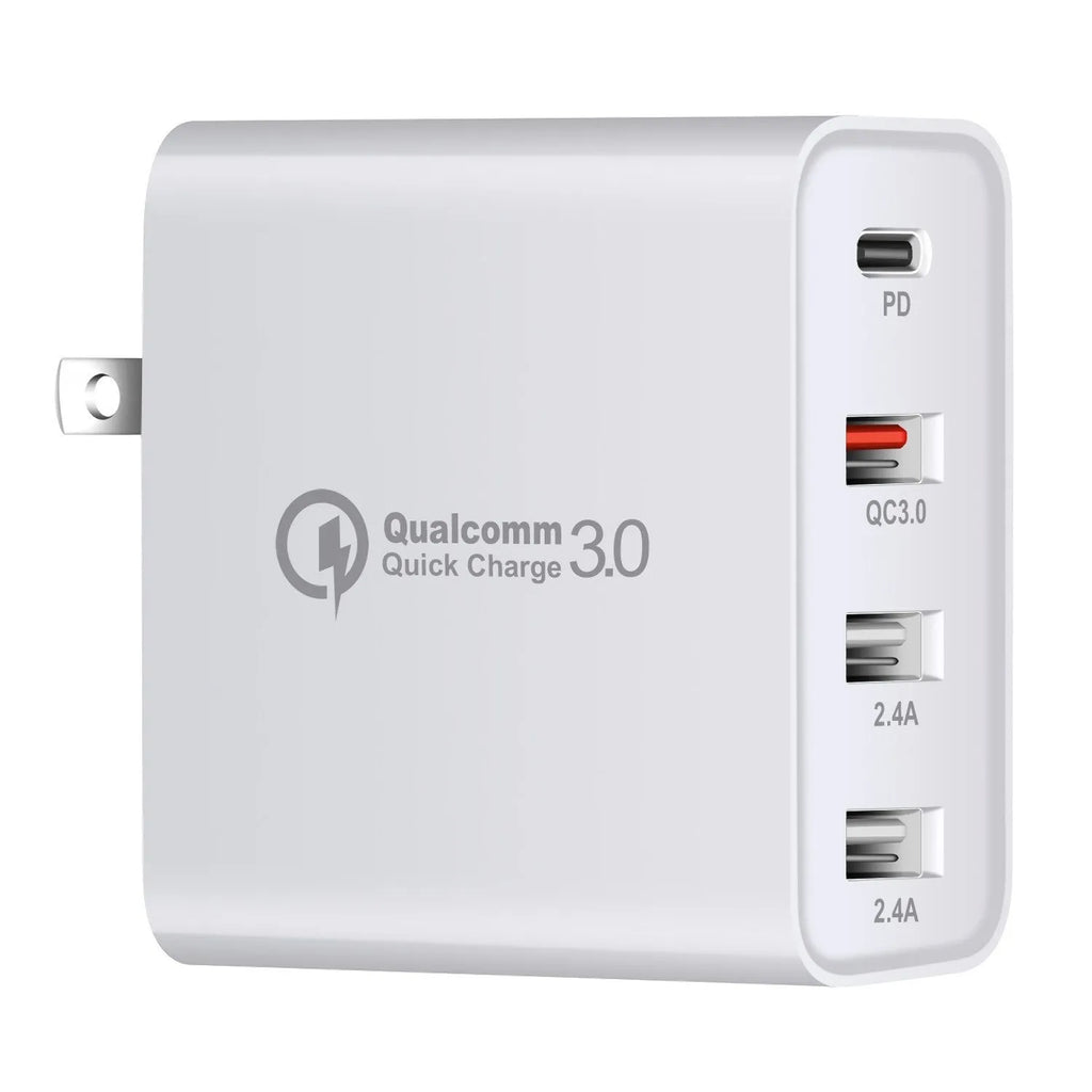 Black 48W USB C PD charger with four ports and a set of international plug adapters