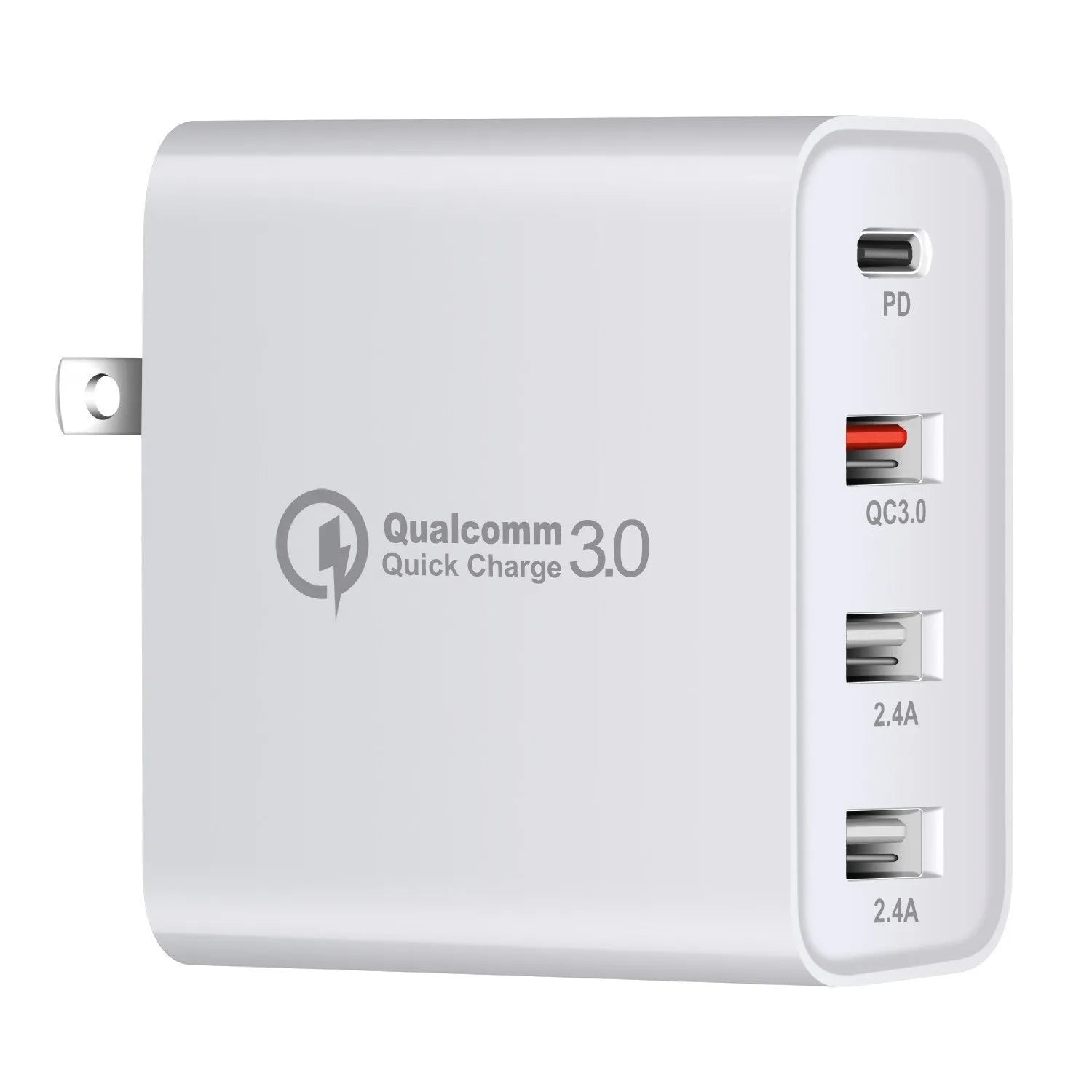 Black 48W USB C PD charger with four ports and a set of international plug adapters