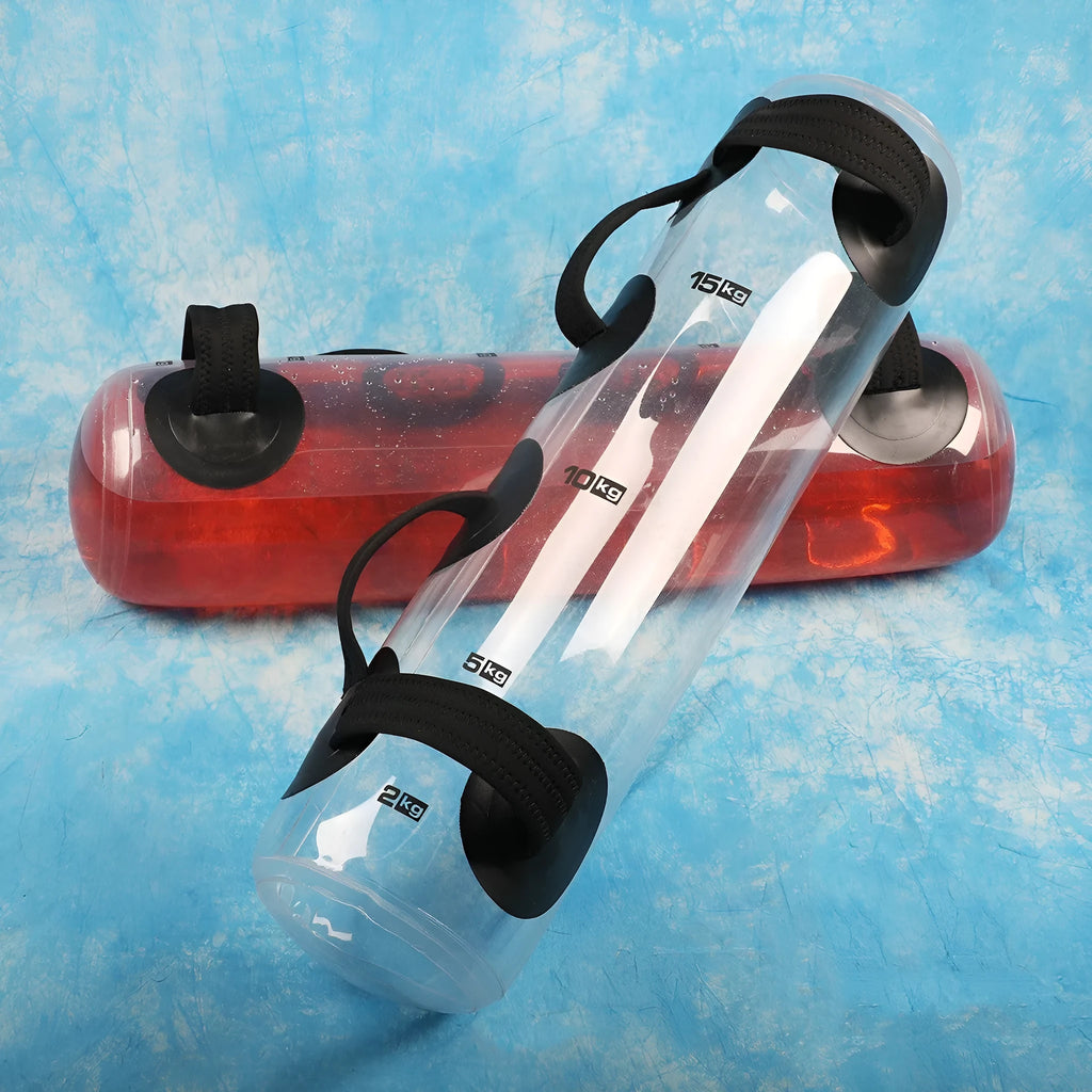 Transparent PVC inflatable water bag for weight training, showing fill valve.