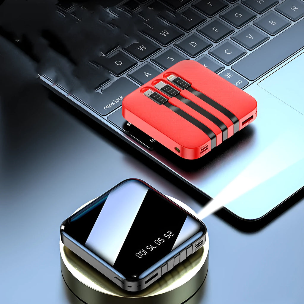 Square black power bank with attached USB cable showing dimensions of 80mm by 80mm