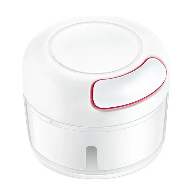 Compact manual food chopper with stainless steel blades for chopping vegetables, garlic, and ginger.