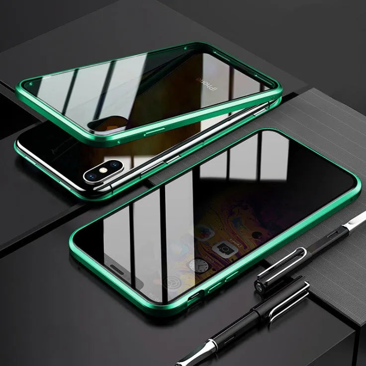 Black clamshell magnetic phone case for Samsung Galaxy with anti-peeping screen, open to show interior.