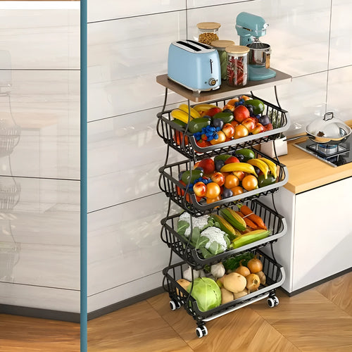 Black six-layer foldable kitchen storage rack with carbon steel frame on floor.