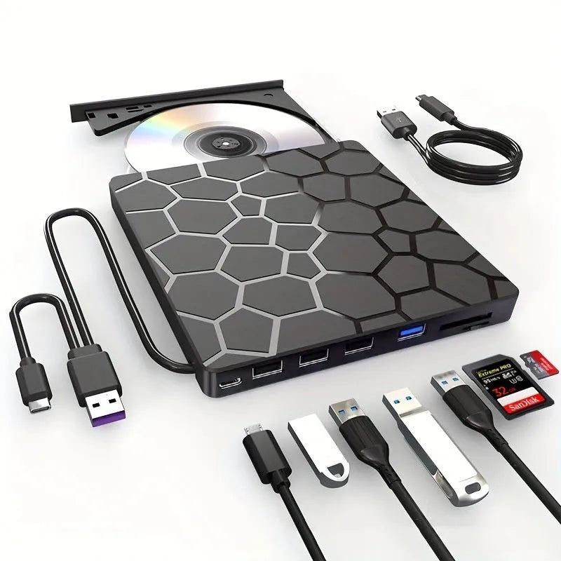 Black external CD drive with USB cable for computer disc reading and writing