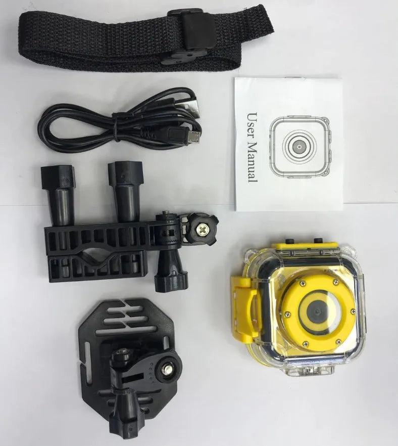 Yellow children's waterproof sports camera with 1.77-inch screen showing 720p HD video recording capability