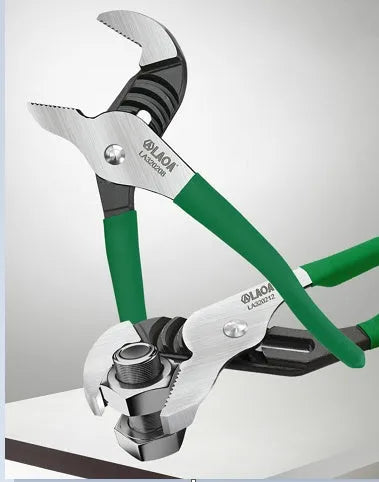 Multi-functional adjustable water pipe wrench in chrome vanadium steel on a workbench.