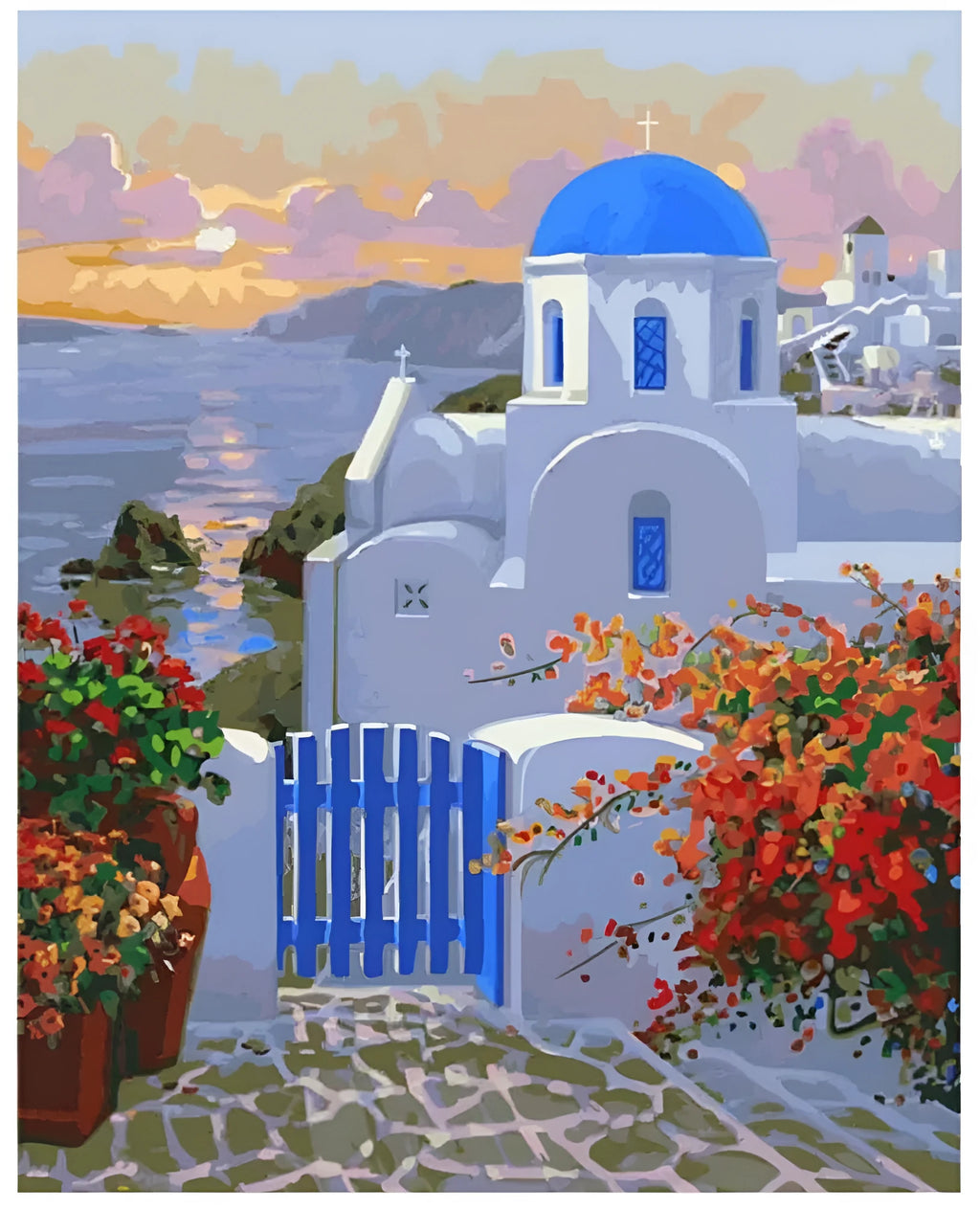 DIY digital oil painting kit showing sea view villa pattern on 40x50 cm linen canvas with acrylic paints and brushes