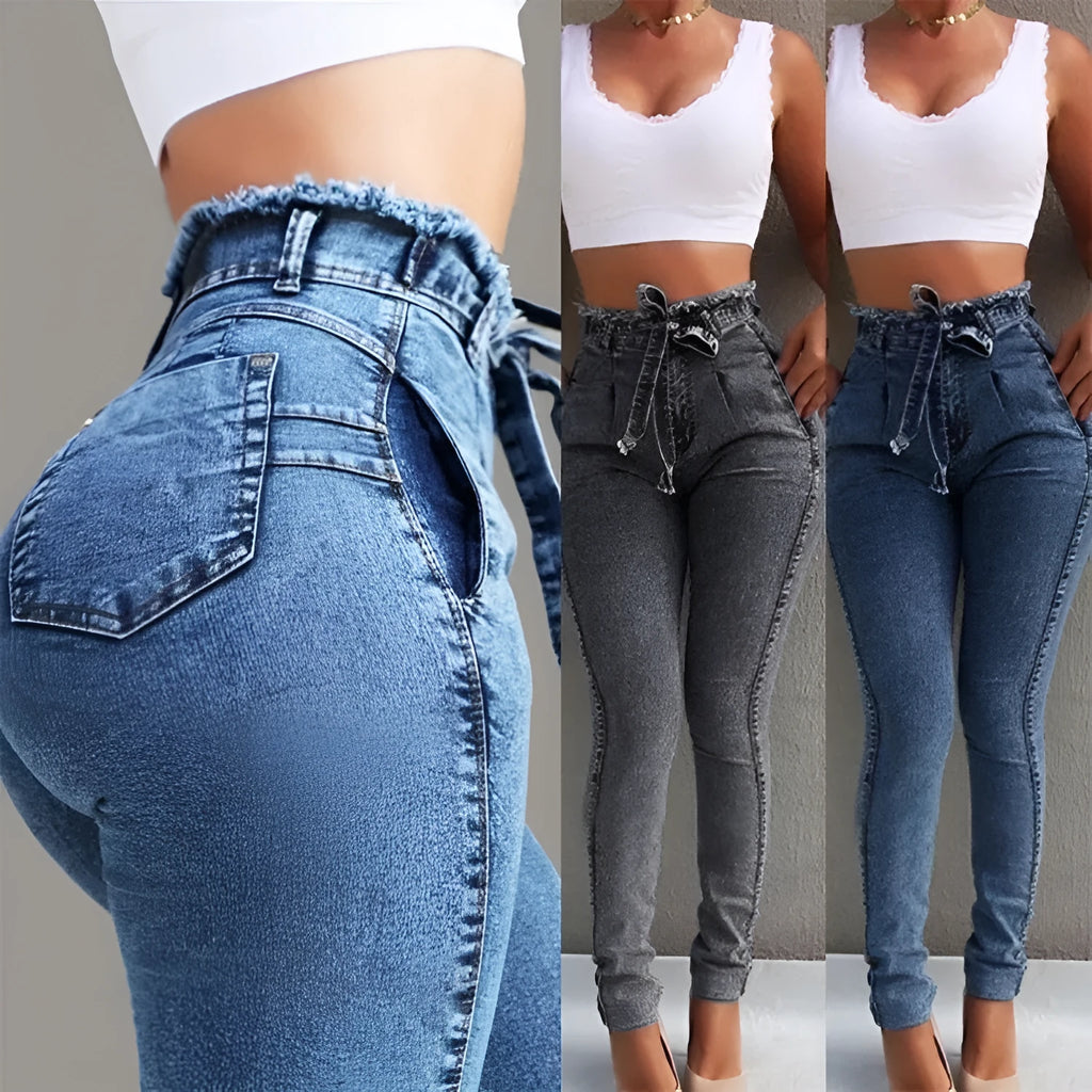 Cowboy fabric fringed jeans in dark blue, grey, or light blue on a model.