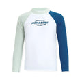 Men's white long-sleeved swim top and matching navy blue swim trunks set for outdoor water sports.