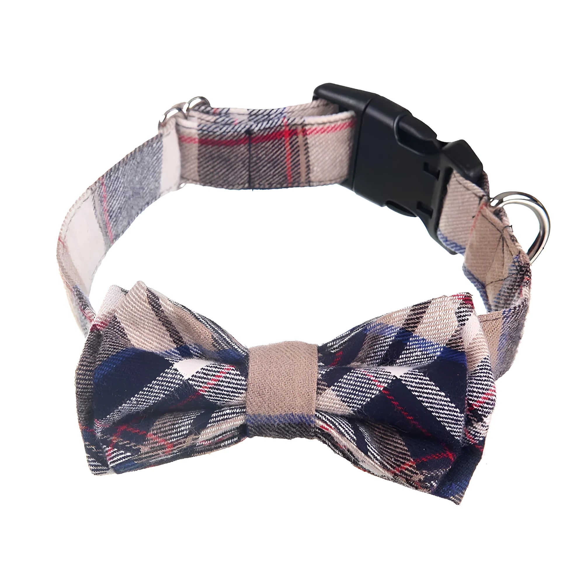 Cloth grid pattern dog bow collar in blue with S size for small to medium dogs
