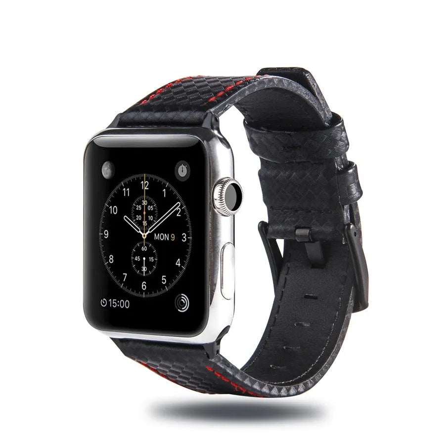 Compatible Apple Watch leather strap with carbon fibre pattern on PC case in red, black, orange, or blue