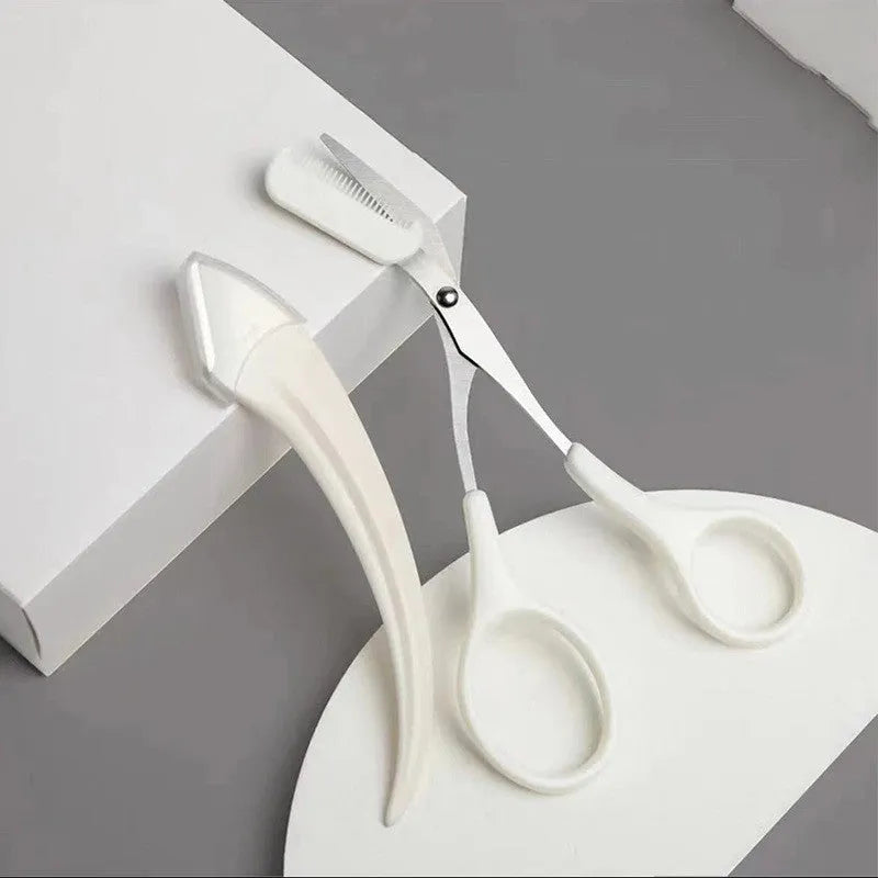 Curved moon eyebrow trimming knife with comb in white, pink, or green colours