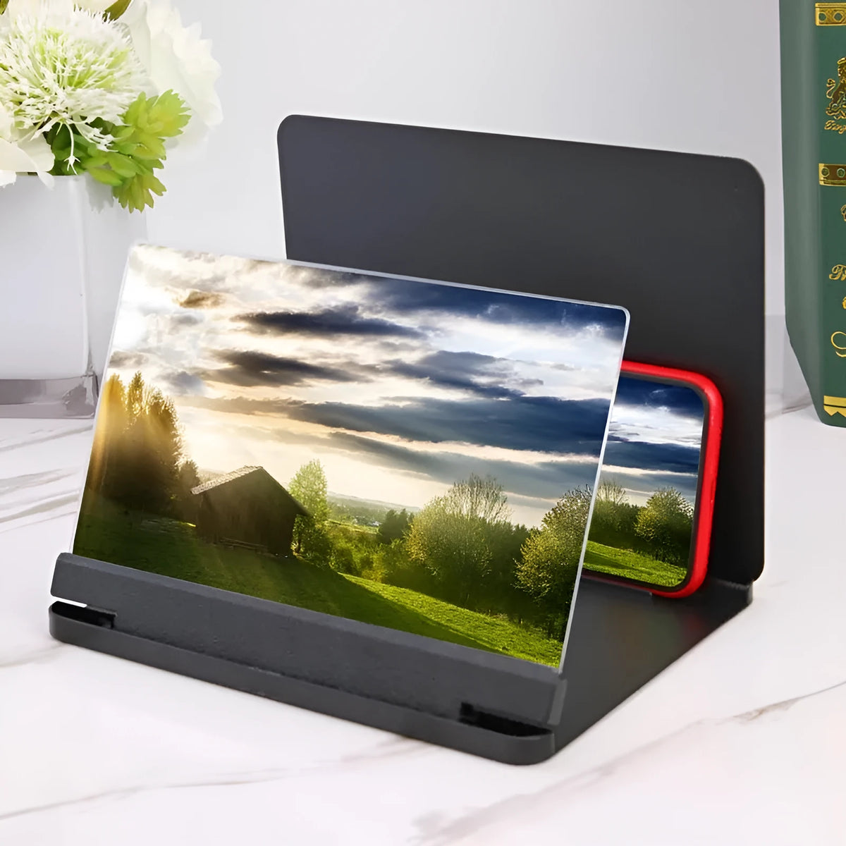 9 inch phone screen amplifier with plexiglass lens, fiberboard frame and phone holder in white or black