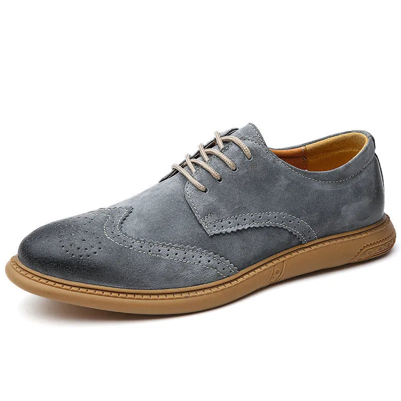 Men's genuine leather low-top business shoes in black with retro lace-up design and a rubber sole.