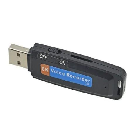 Black and white USB flash drive with voice playback function showing dimensions of 70mm length