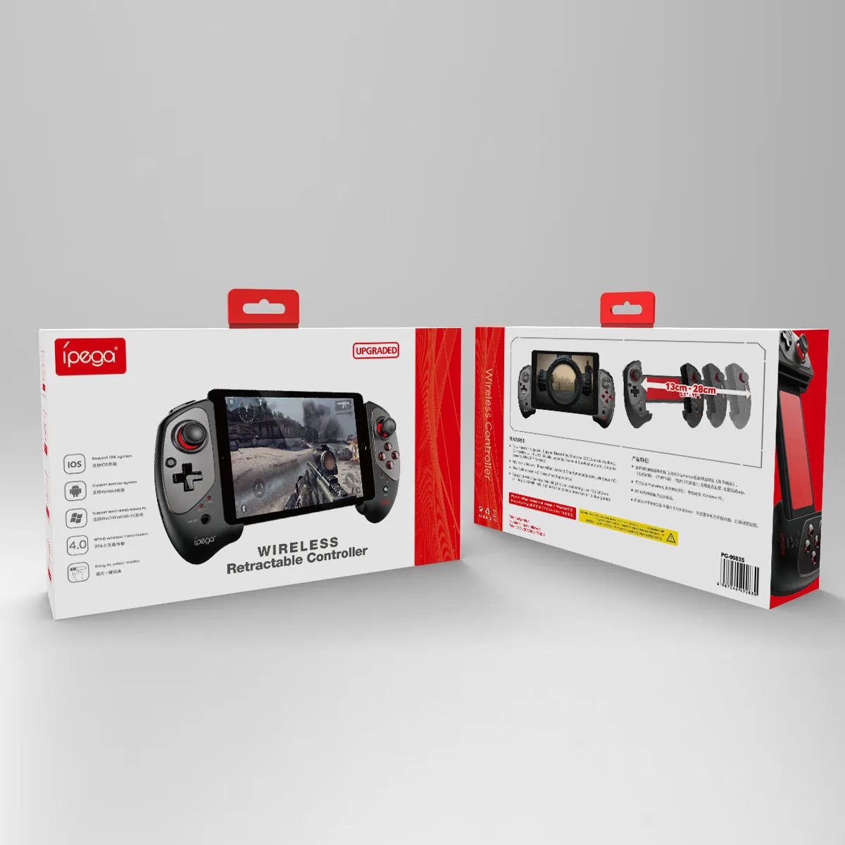 Red telescopic Bluetooth gamepad with USB cable for Android, iOS and PC gaming.