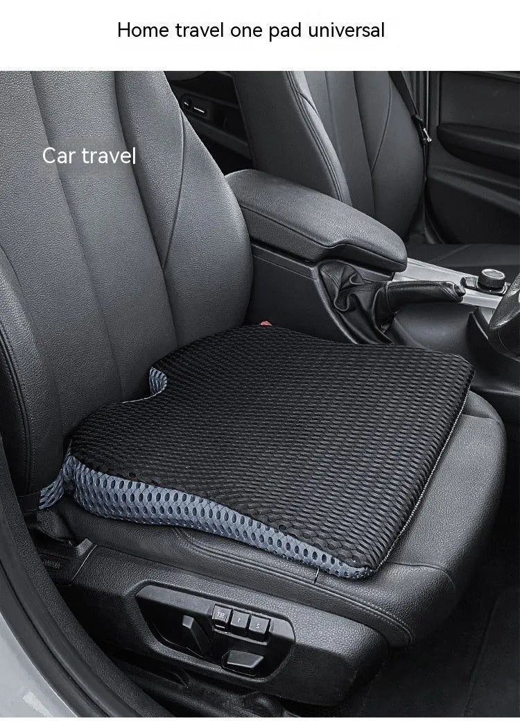 Regular size memory foam car cushion with a fixed strap in black, grey, or milky white.