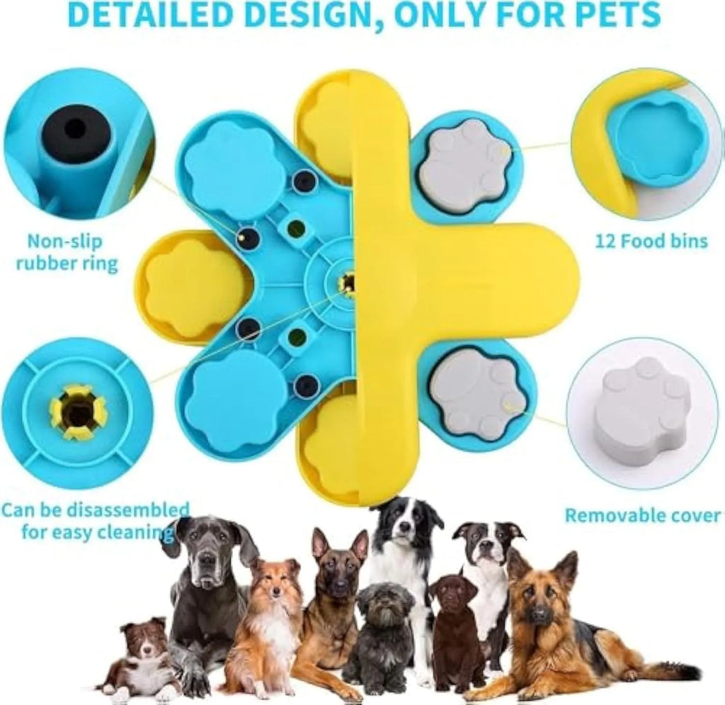 Yellow three-layer rotating dog puzzle feeder with claw-shaped lids and anti-slip rubber pads on the base.