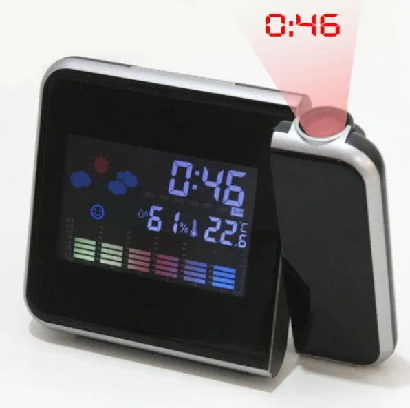 Home electronic clock with digital display and USB port, black plastic case, 16x6x12 cm size