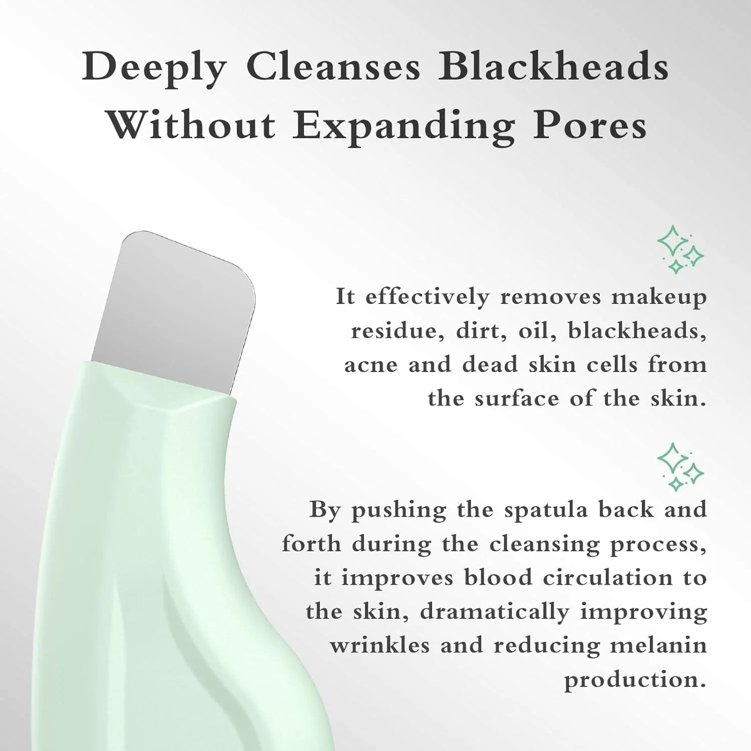 A green stainless steel blackhead scraper tool with a non-slip handle on a white background.