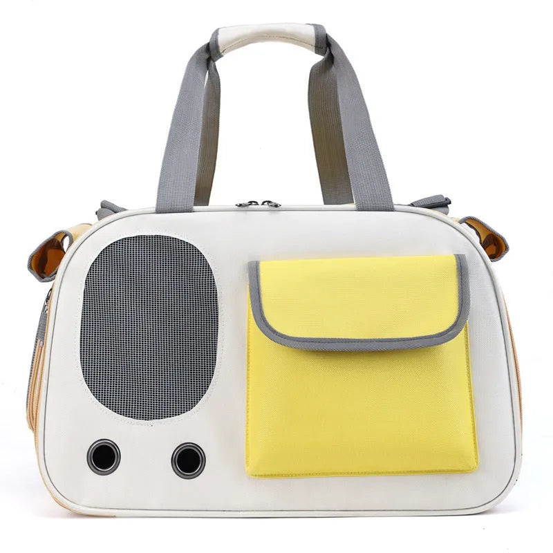 Foldable single shoulder pet carrier bag in canvas material, shown in yellow colour option