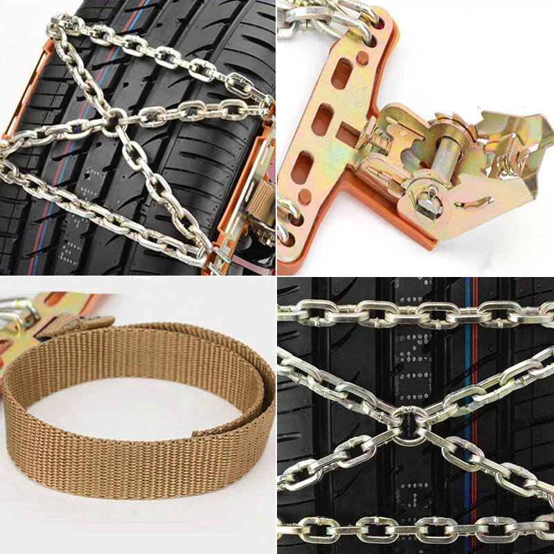 Car snow chain made of steel with Oxford pad and nylon tightening strap for winter tyre traction, approximately 40.5x15cm