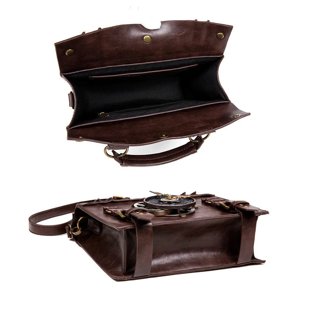 Bronze steampunk shoulder bag with metal hardware and horizontal square pillow design