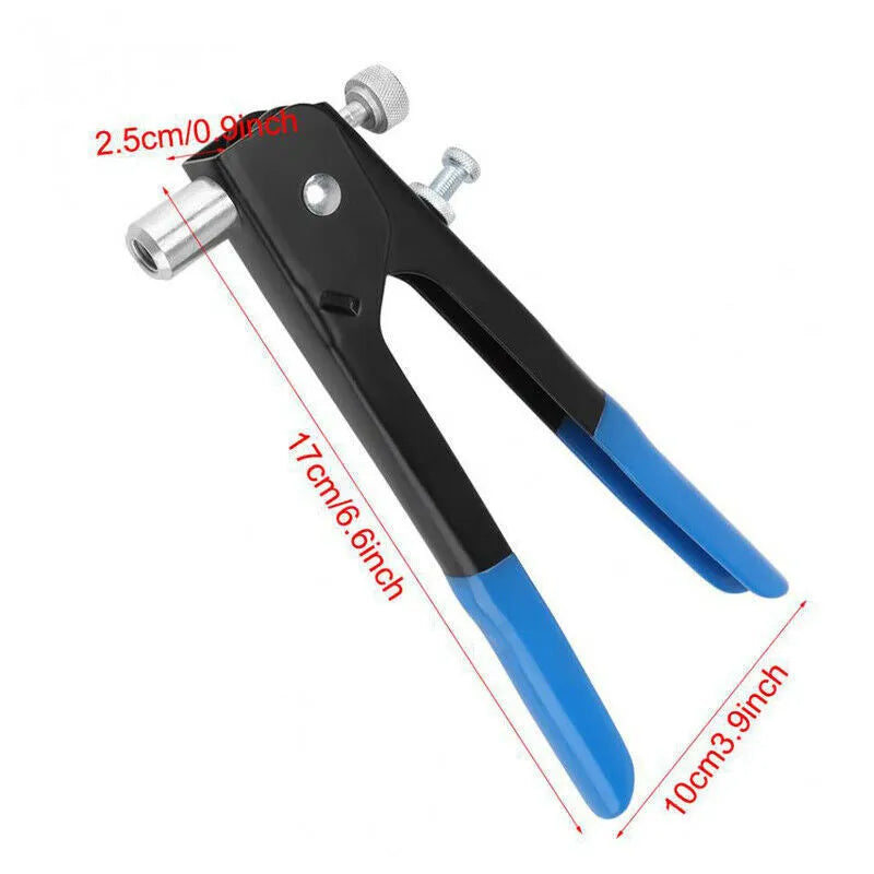 Alloy steel manual riveter tool with assortment of rivet nuts and mandrels from the nut gun set.