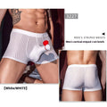 Men's black and white striped nylon boxer briefs laid flat, showing elastic waistband and free-size fit.