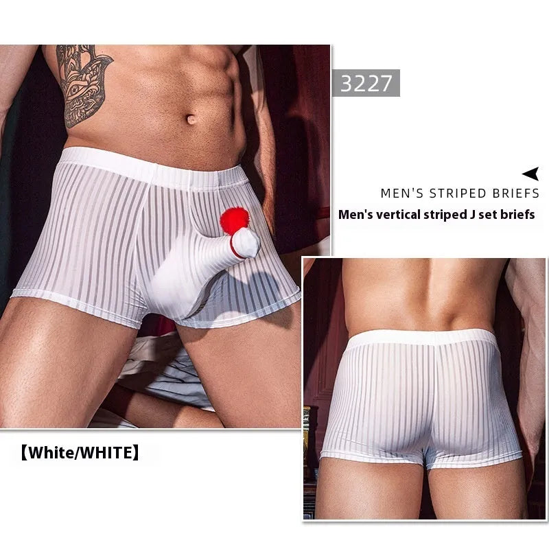 Men's black striped nylon boxer briefs laid flat, showing vertical pattern and elastic waistband.