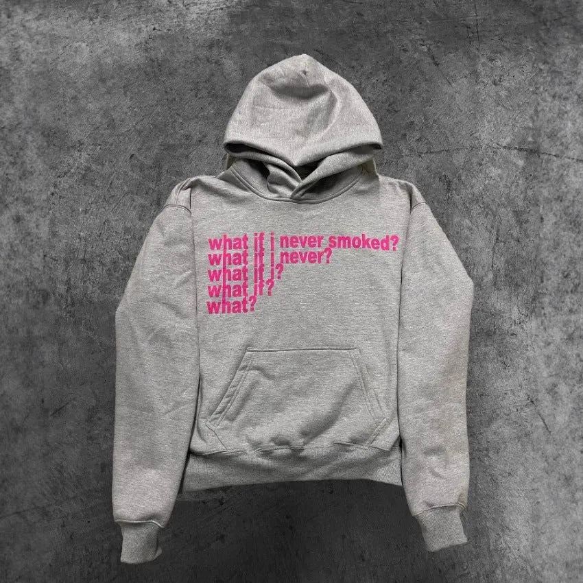 Black and grey heavy hooded sweater with printed letter graphics, showing front view with hood up