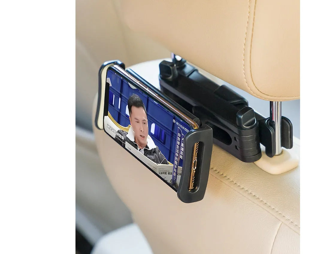 Black universal car phone holder mounted on vehicle rear seat base holding tablet