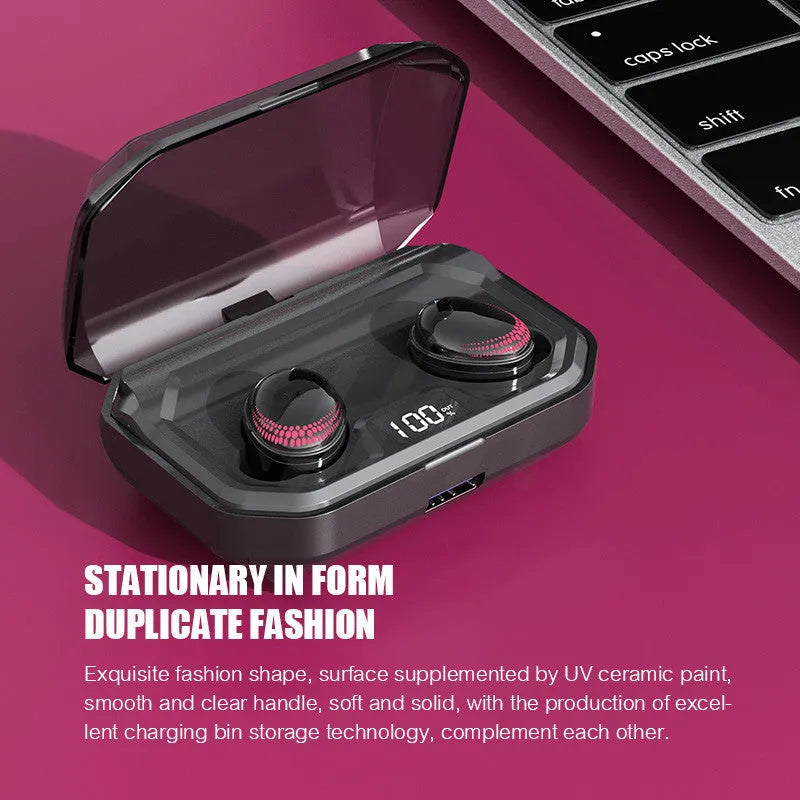 Black X10 wireless Bluetooth headset with charging case, showing earpieces.