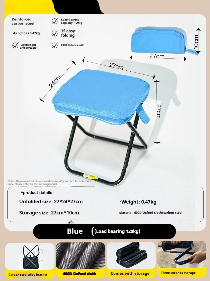 Outdoor foldable camp chair stool in Oxford fabric shown in khaki colour, folded in pencil box shape.