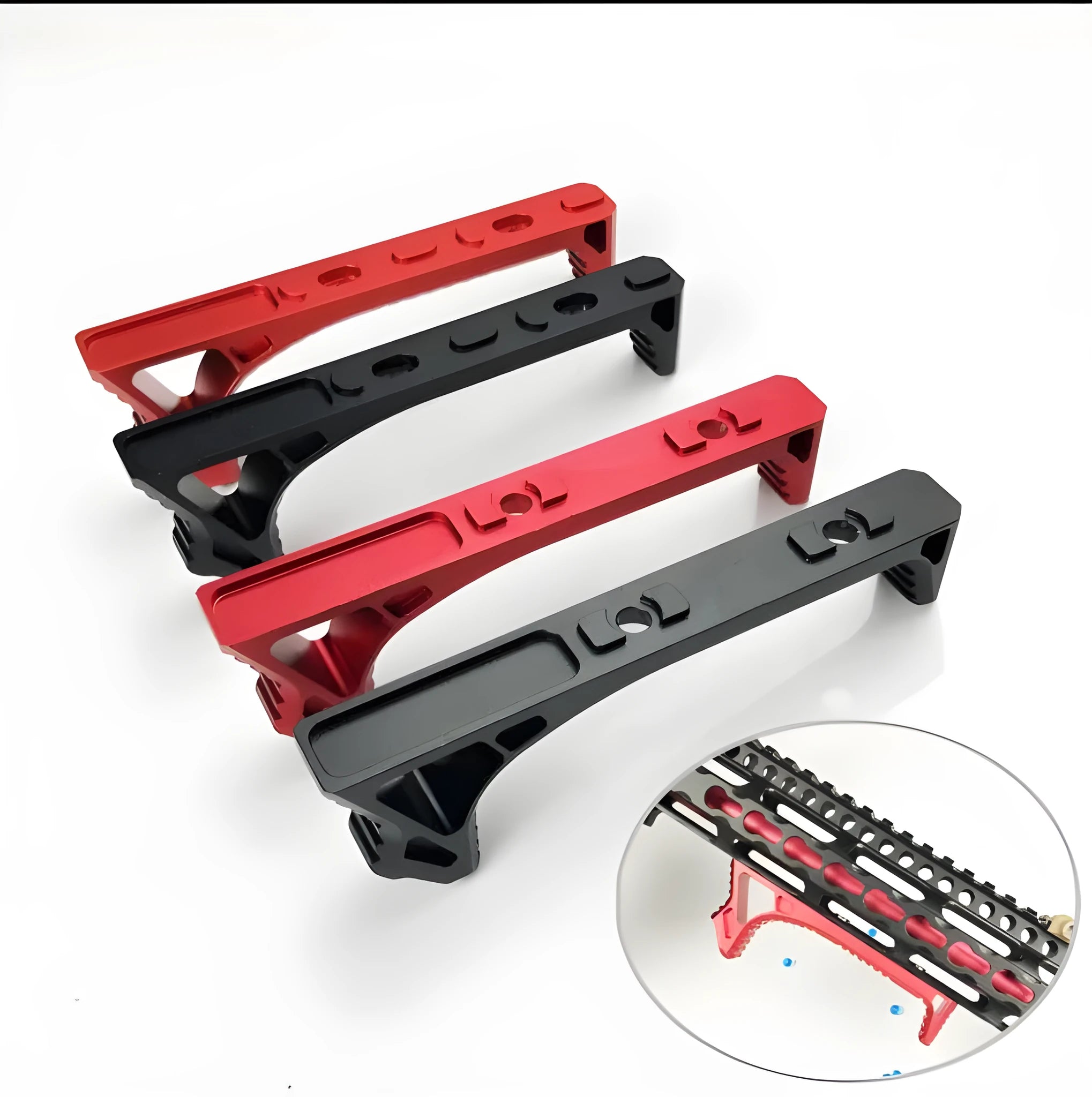 Aluminium hand stop for Picatinny rail with hex nut lock, shown in black KEY-MOD configuration.